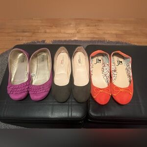 3 pairs of flat ballerina shoes mauve (pink purple ) dark green and orange